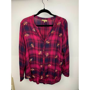 Democracy Country Flannel Boho Button Up Embroidered Flowers